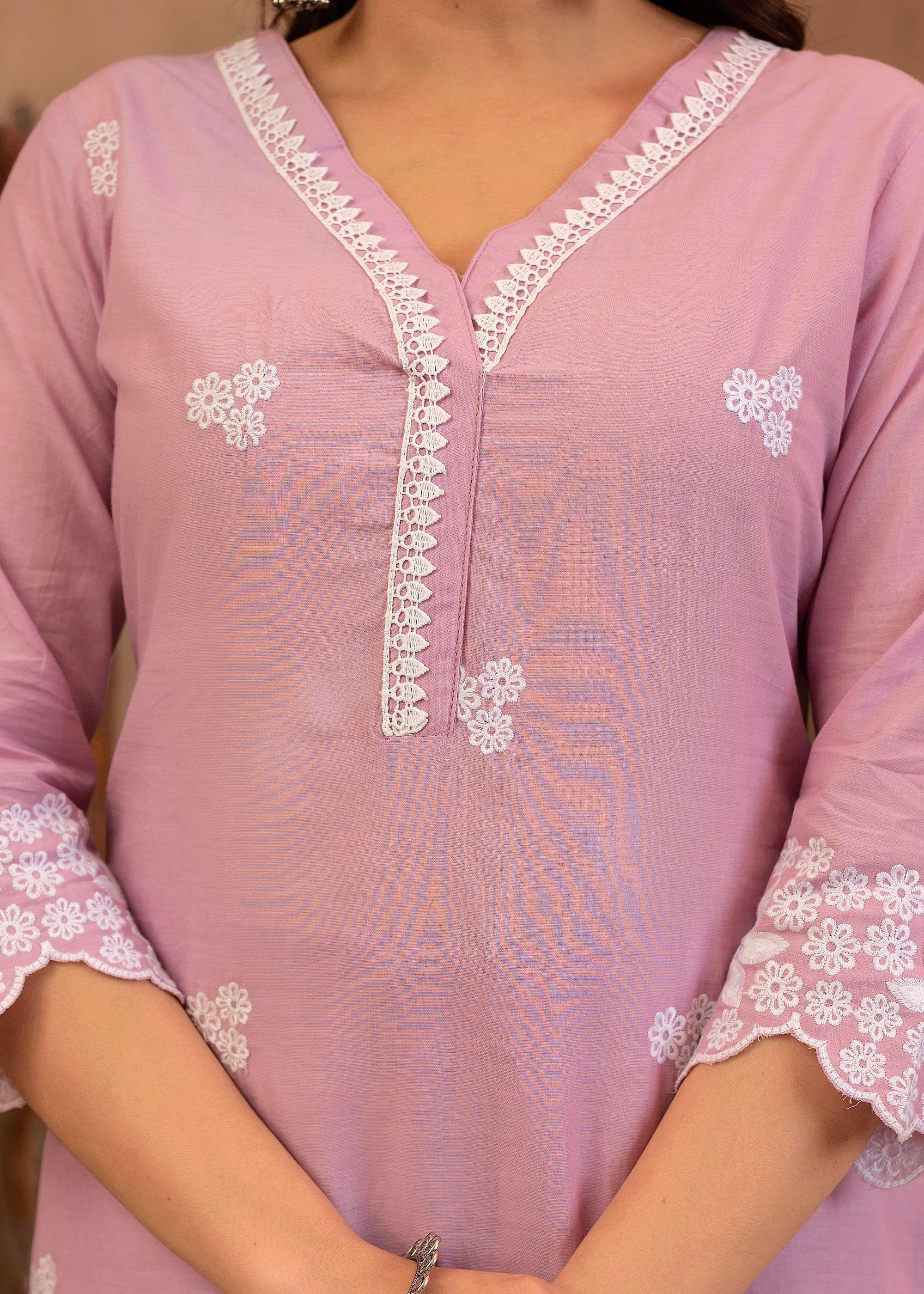 Juniper Lavender Floral Embroidered Cotton Kurta with Palazzo & Lace Work