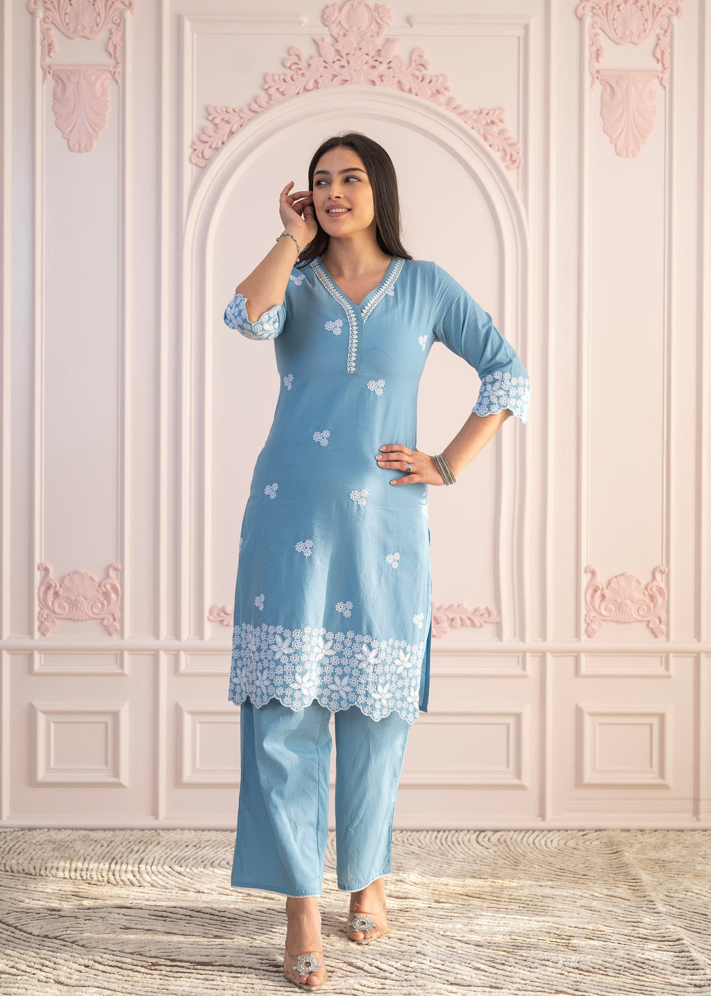 Juniper Powder Blue Embroidered Cotton Kurta with Palazzo & Lace Work