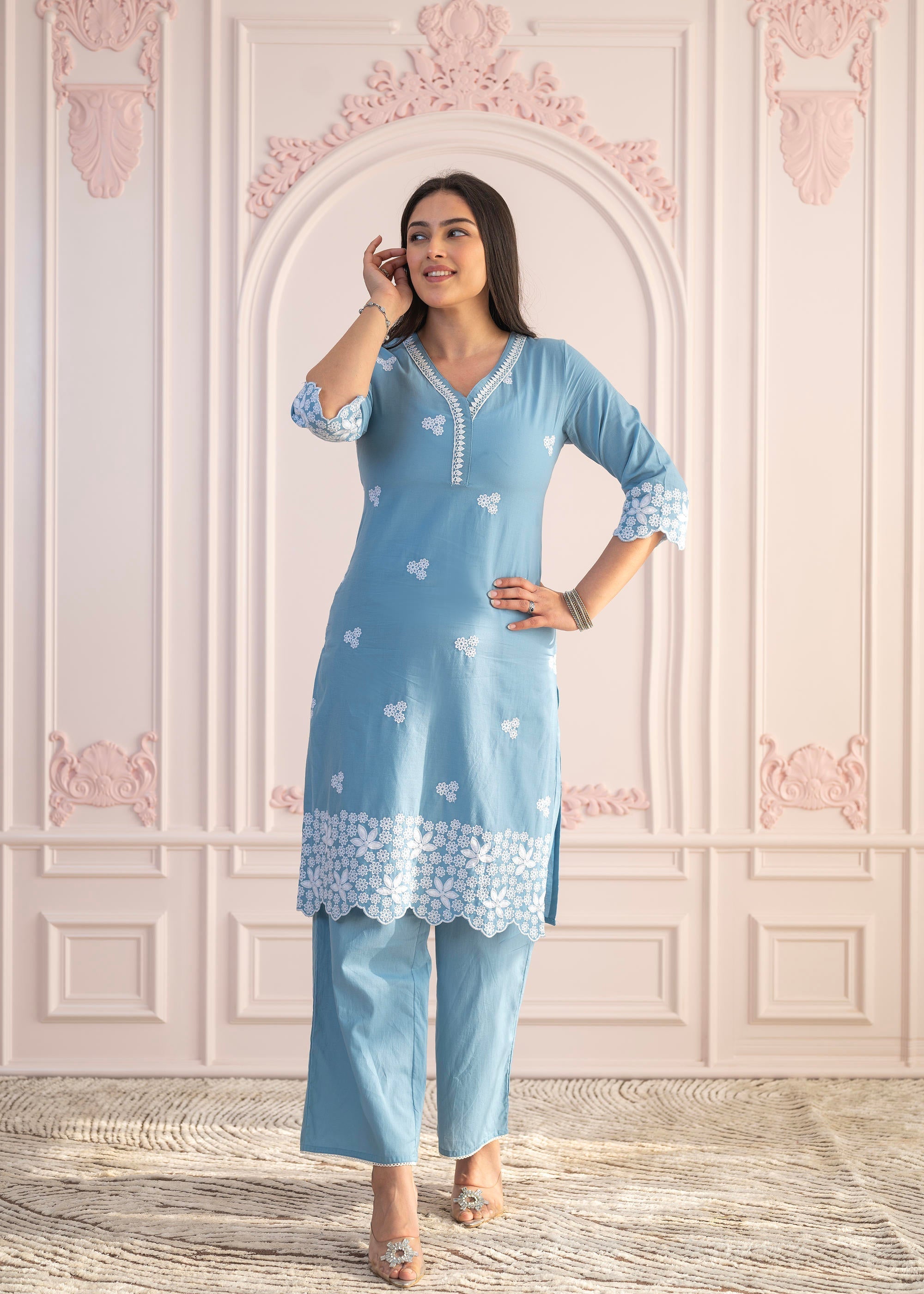 Juniper Powder Blue Embroidered Cotton Kurta With Palazzo & Lace Work - Distacart