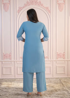 Juniper Powder Blue Embroidered Cotton Kurta with Palazzo & Lace Work