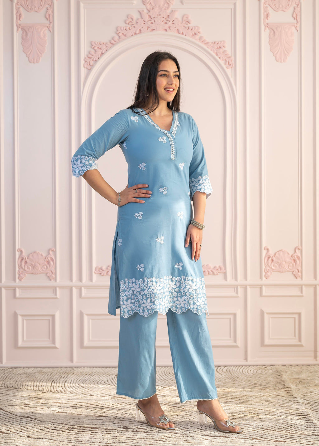 Juniper Powder Blue Embroidered Cotton Kurta with Palazzo & Lace Work