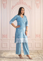 Juniper Powder Blue Embroidered Cotton Kurta with Palazzo & Lace Work