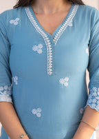 Juniper Powder Blue Embroidered Cotton Kurta with Palazzo & Lace Work