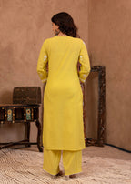 Juniper Lime Yellow Floral Embroidered Cotton Slub Kurta With Palazzo - Distacart