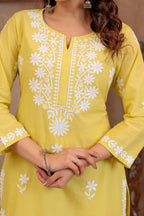 Juniper Lime Yellow Floral Embroidered Cotton Slub Kurta With Palazzo - Distacart