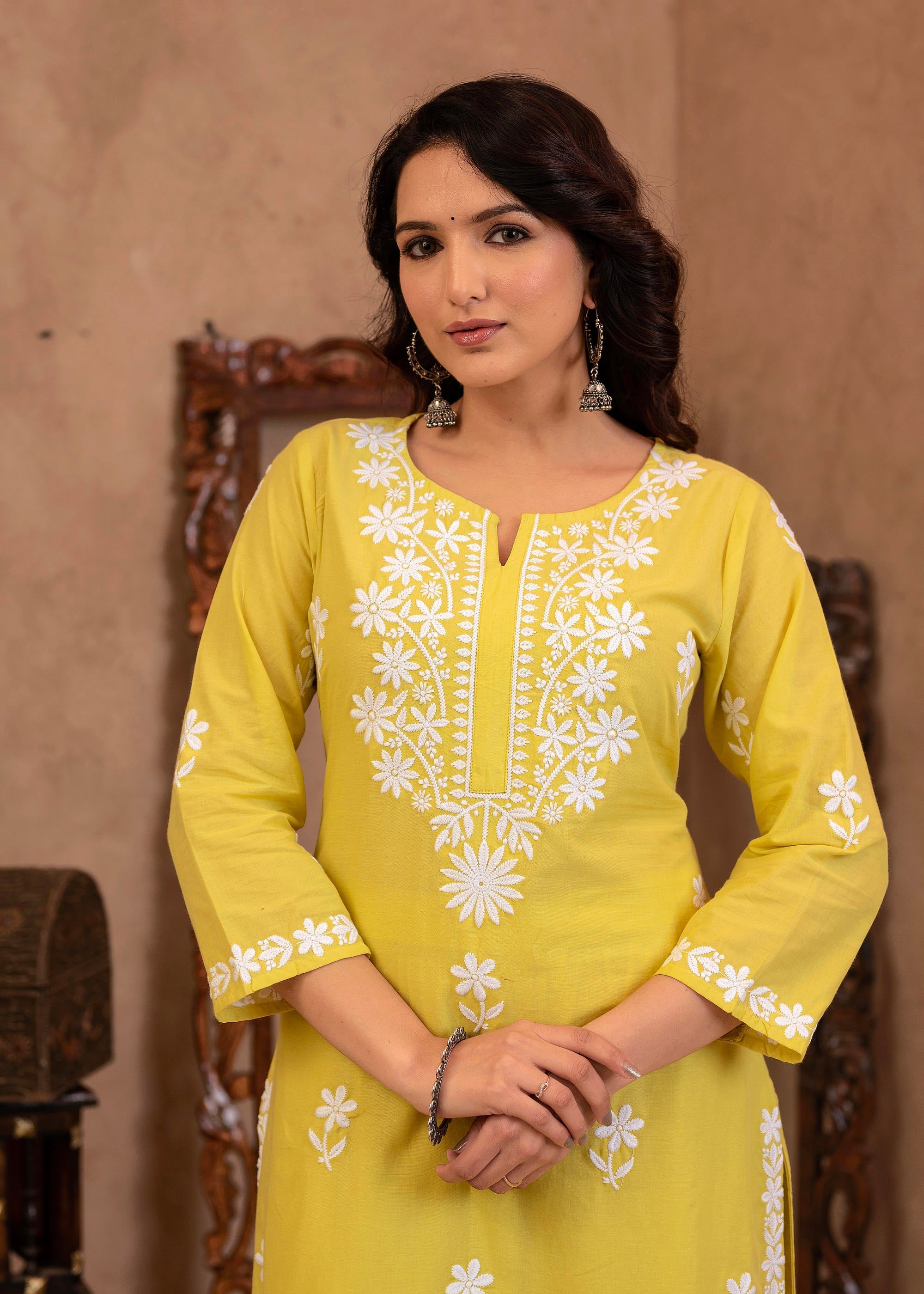 Juniper Lime Yellow Floral Embroidered Cotton Slub Kurta with Palazzo