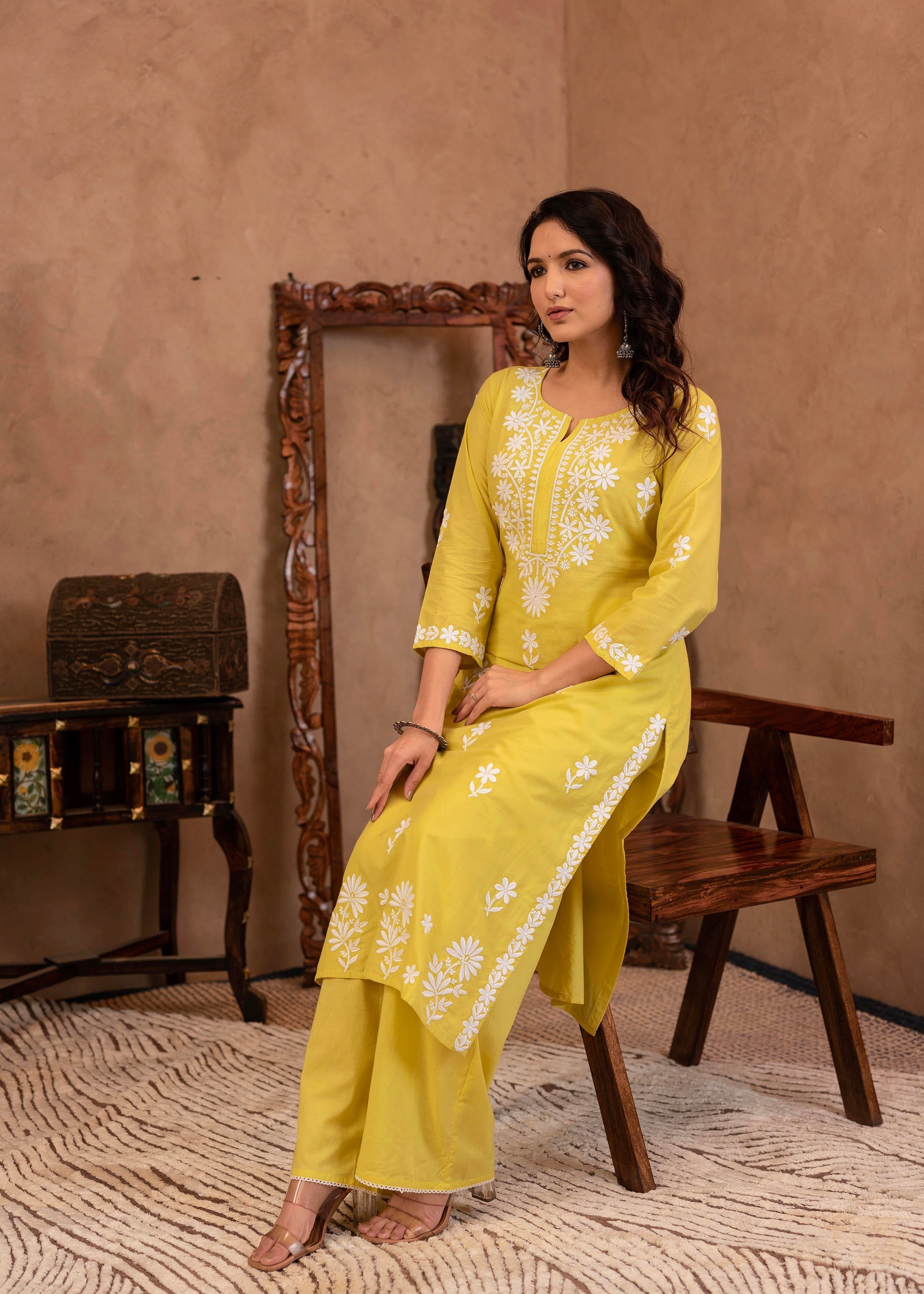 Juniper Lime Yellow Floral Embroidered Cotton Slub Kurta with Palazzo