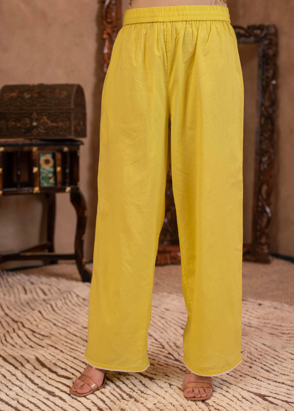 Juniper Lime Yellow Floral Embroidered Cotton Slub Kurta with Palazzo