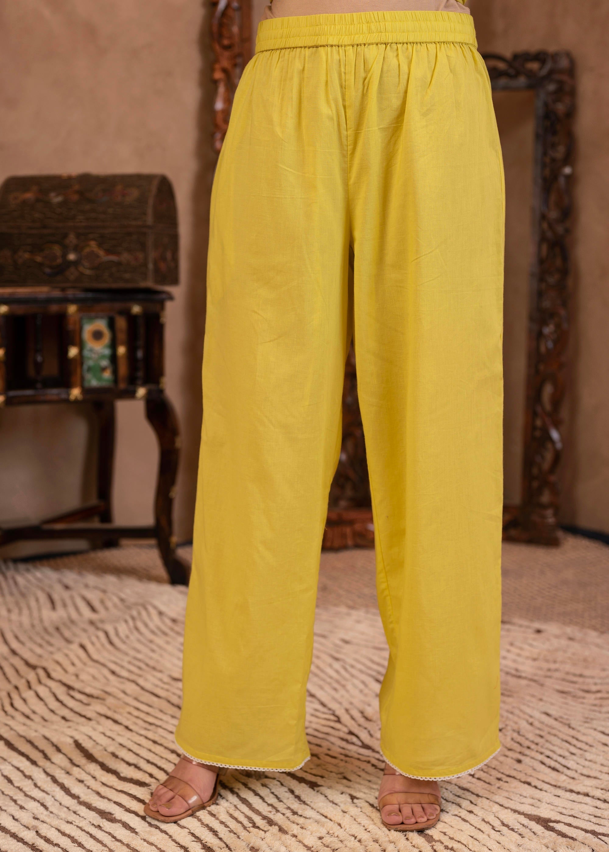 Juniper Lime Yellow Floral Embroidered Cotton Slub Kurta with Palazzo