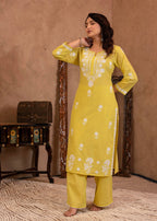 Juniper Lime Yellow Floral Embroidered Cotton Slub Kurta with Palazzo