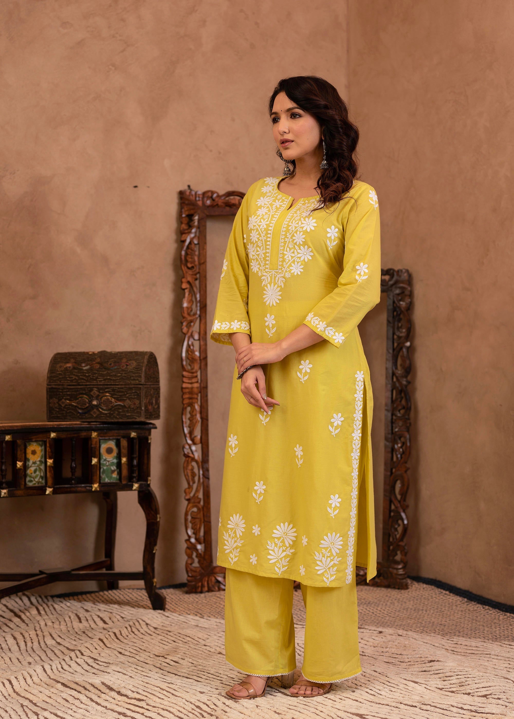 Juniper Lime Yellow Floral Embroidered Cotton Slub Kurta with Palazzo
