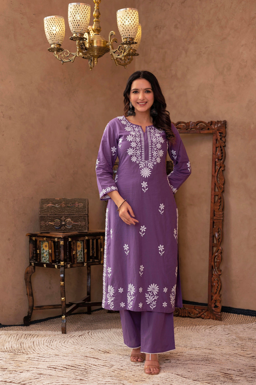 Juniper Purple Embroidered Cotton Kurta with Palazzo