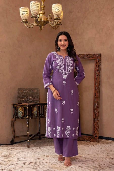 Juniper Purple Embroidered Cotton Kurta with Palazzo