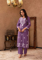 Juniper Purple Embroidered Cotton Kurta with Palazzo