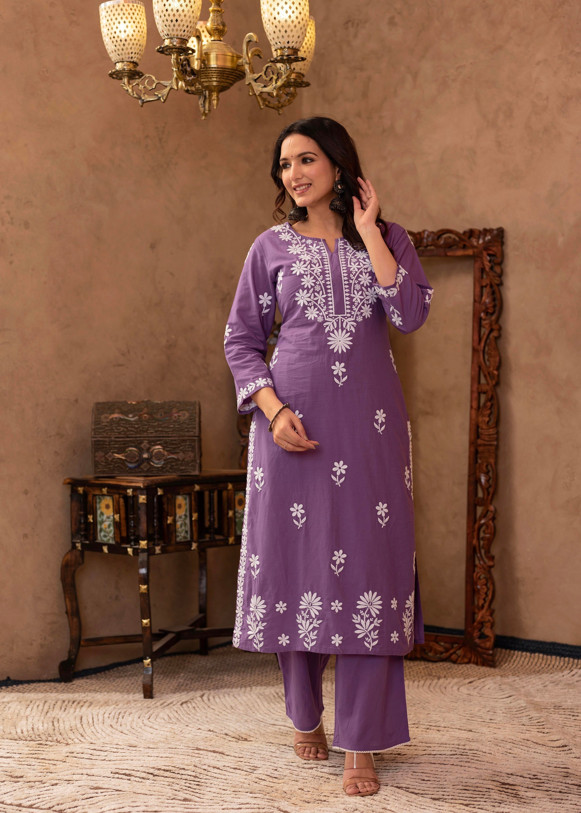 Juniper Purple Embroidered Cotton Kurta with Palazzo