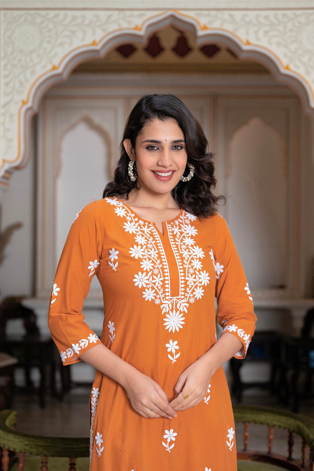 Juniper Rust Embroidered Cotton Kurta with Palazzo
