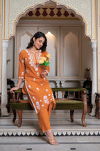 Juniper Rust Embroidered Cotton Kurta With Palazzo - Distacart