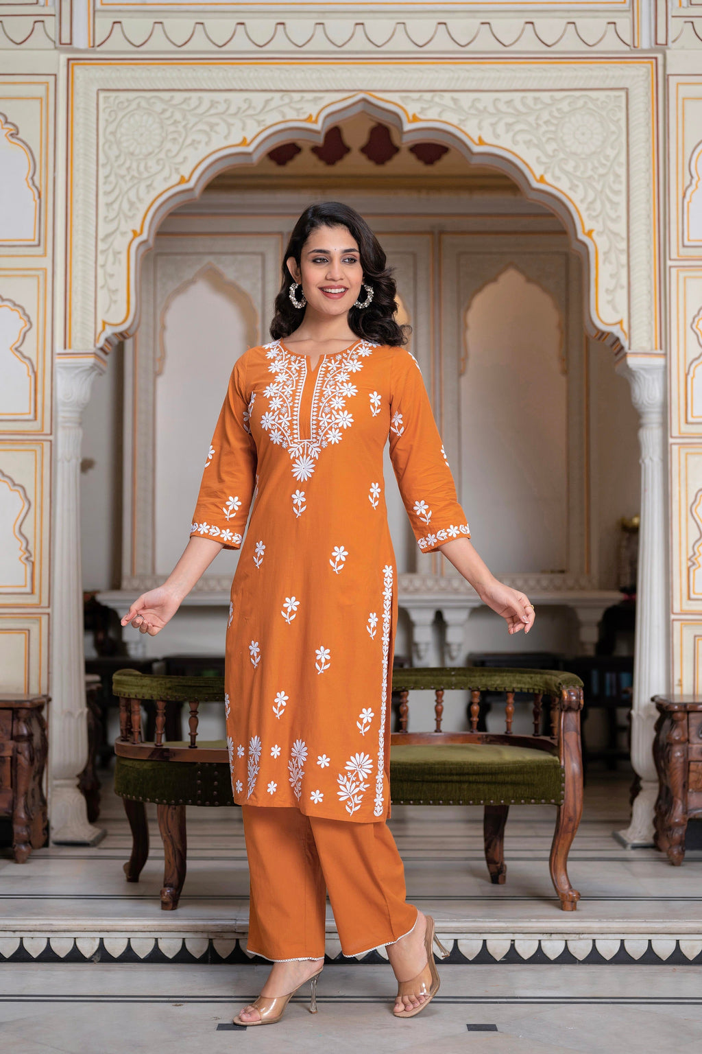 Juniper Rust Embroidered Cotton Kurta with Palazzo
