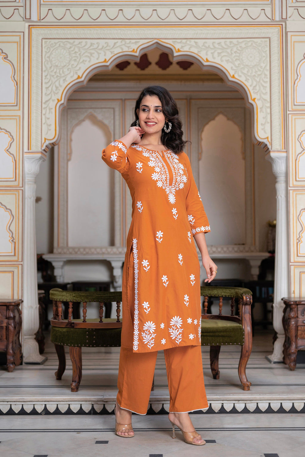 Juniper Rust Embroidered Cotton Kurta with Palazzo