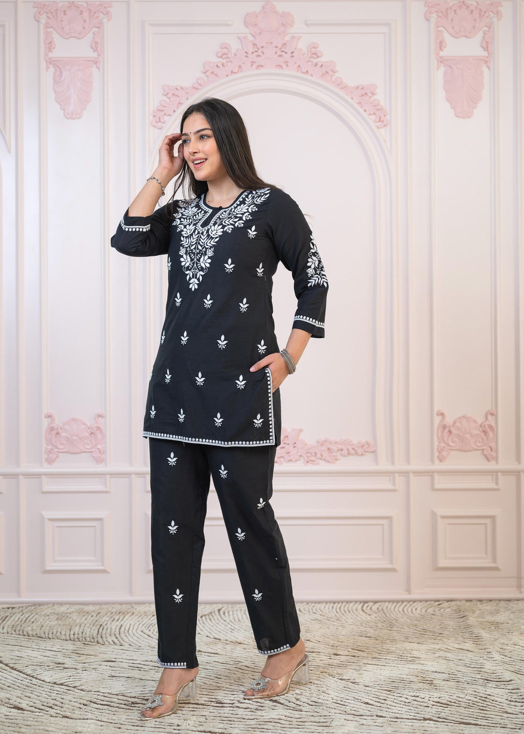 Juniper Black Cotton Embroidered Kurta-Pant Set with Thread Work & Buttons