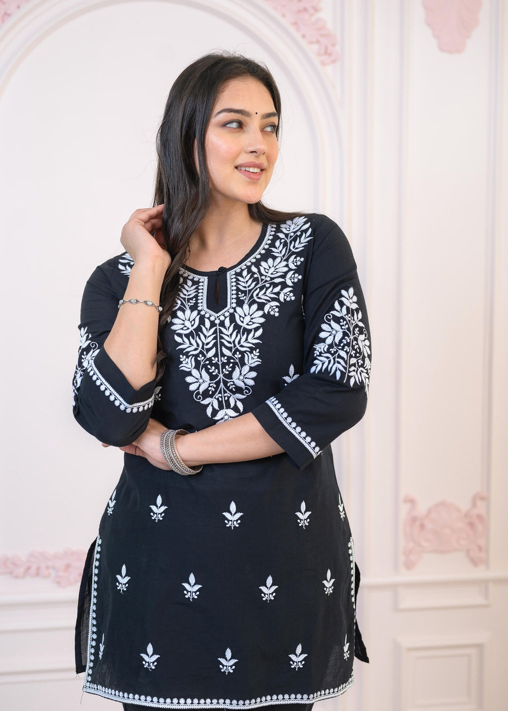 Juniper Black Cotton Embroidered Kurta-Pant Set with Thread Work & Buttons