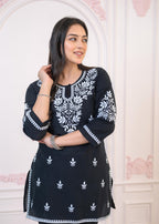 Juniper Black Cotton Embroidered Kurta-Pant Set with Thread Work & Buttons