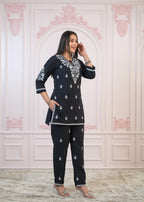 Juniper Black Cotton Embroidered Kurta-Pant Set with Thread Work & Buttons