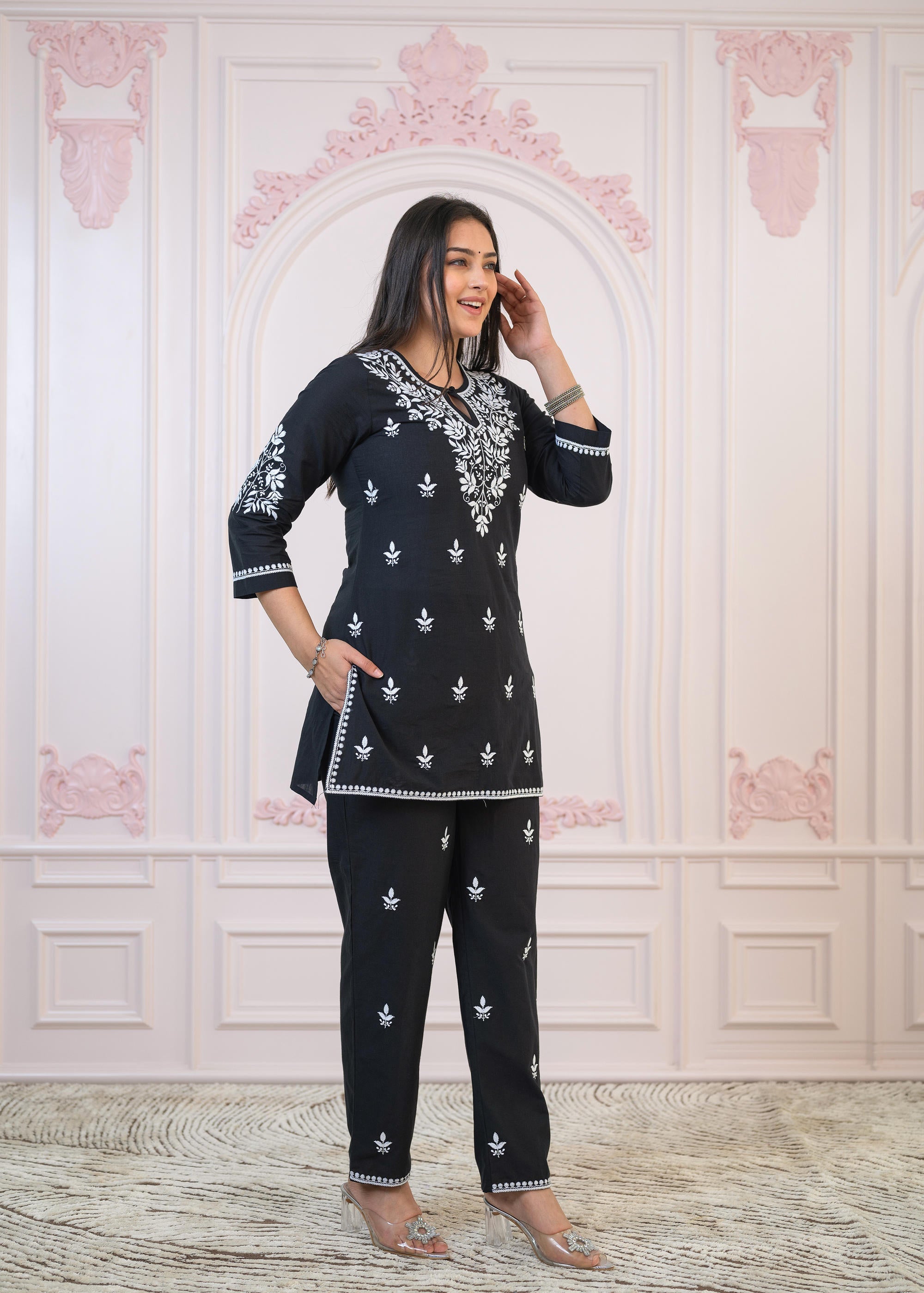 Juniper Black Cotton Embroidered Kurta-Pant Set with Thread Work & Buttons