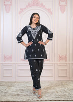 Juniper Black Cotton Embroidered Kurta-Pant Set with Thread Work & Buttons