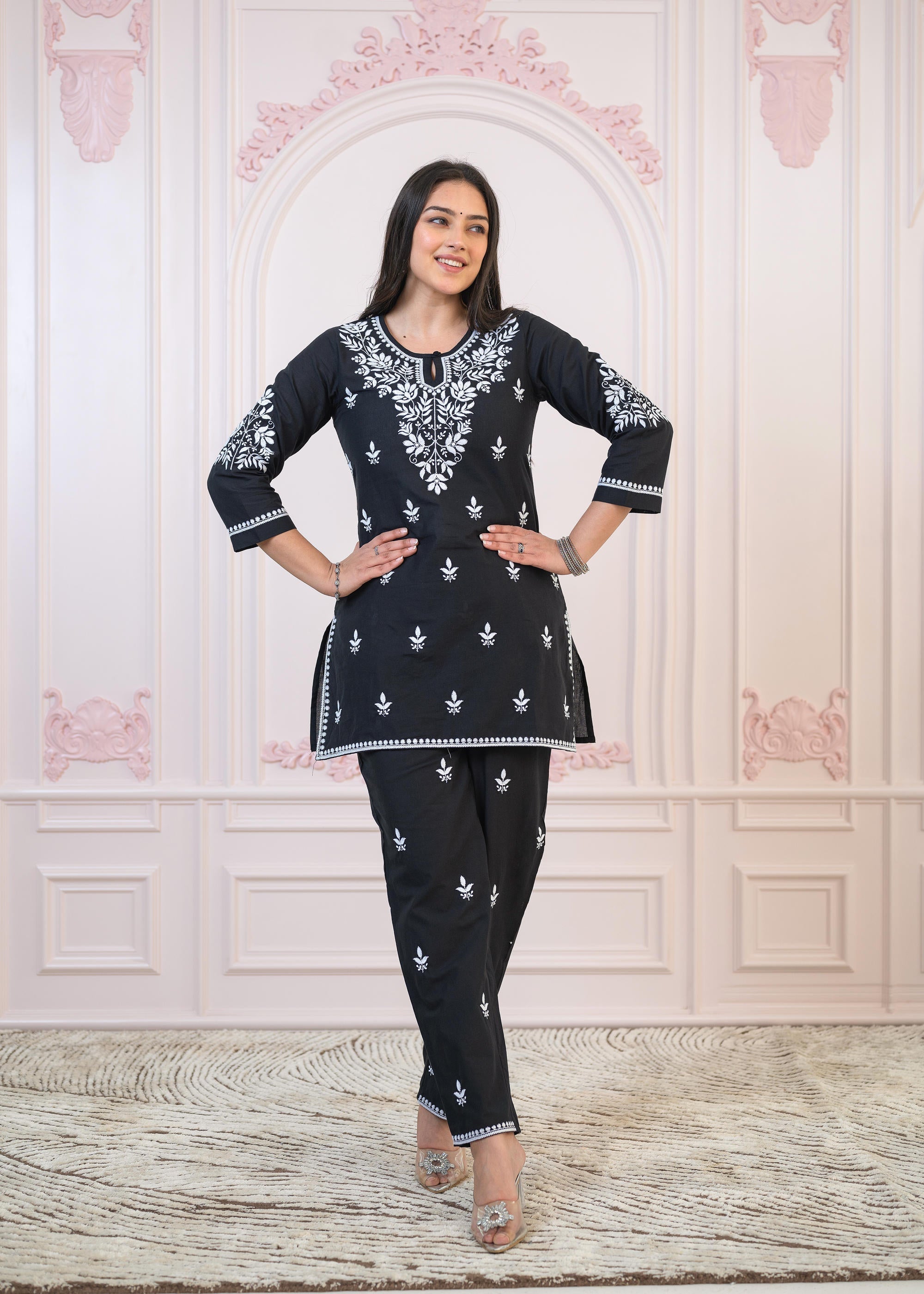 Juniper Black Cotton Embroidered Kurta-Pant Set with Thread Work & Buttons