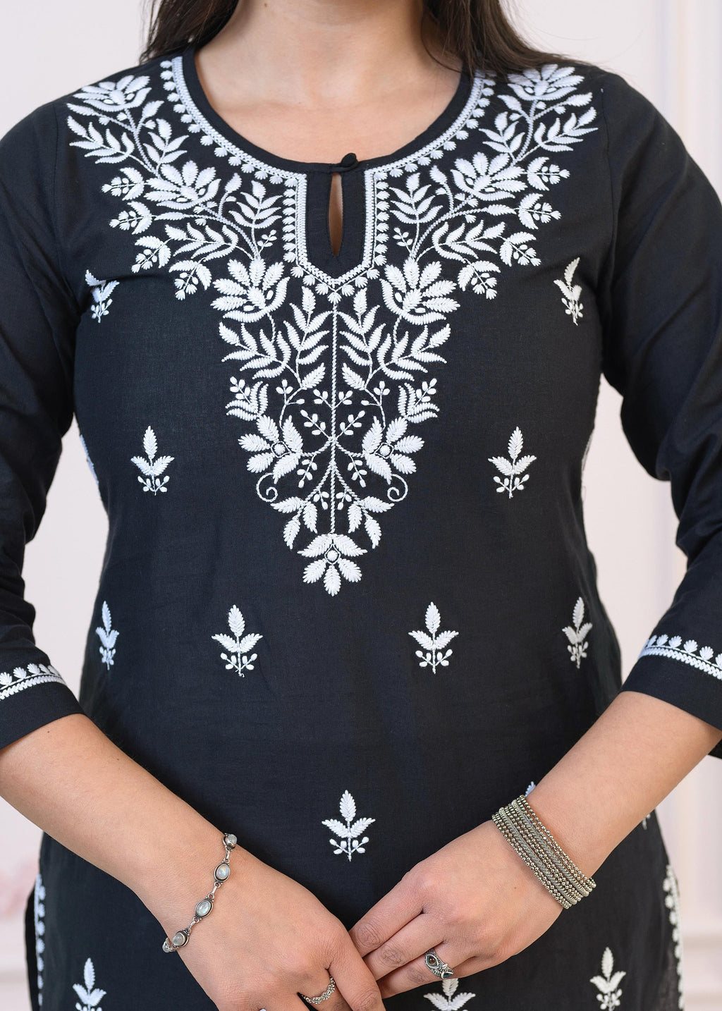 Juniper Black Cotton Embroidered Kurta-Pant Set with Thread Work & Buttons