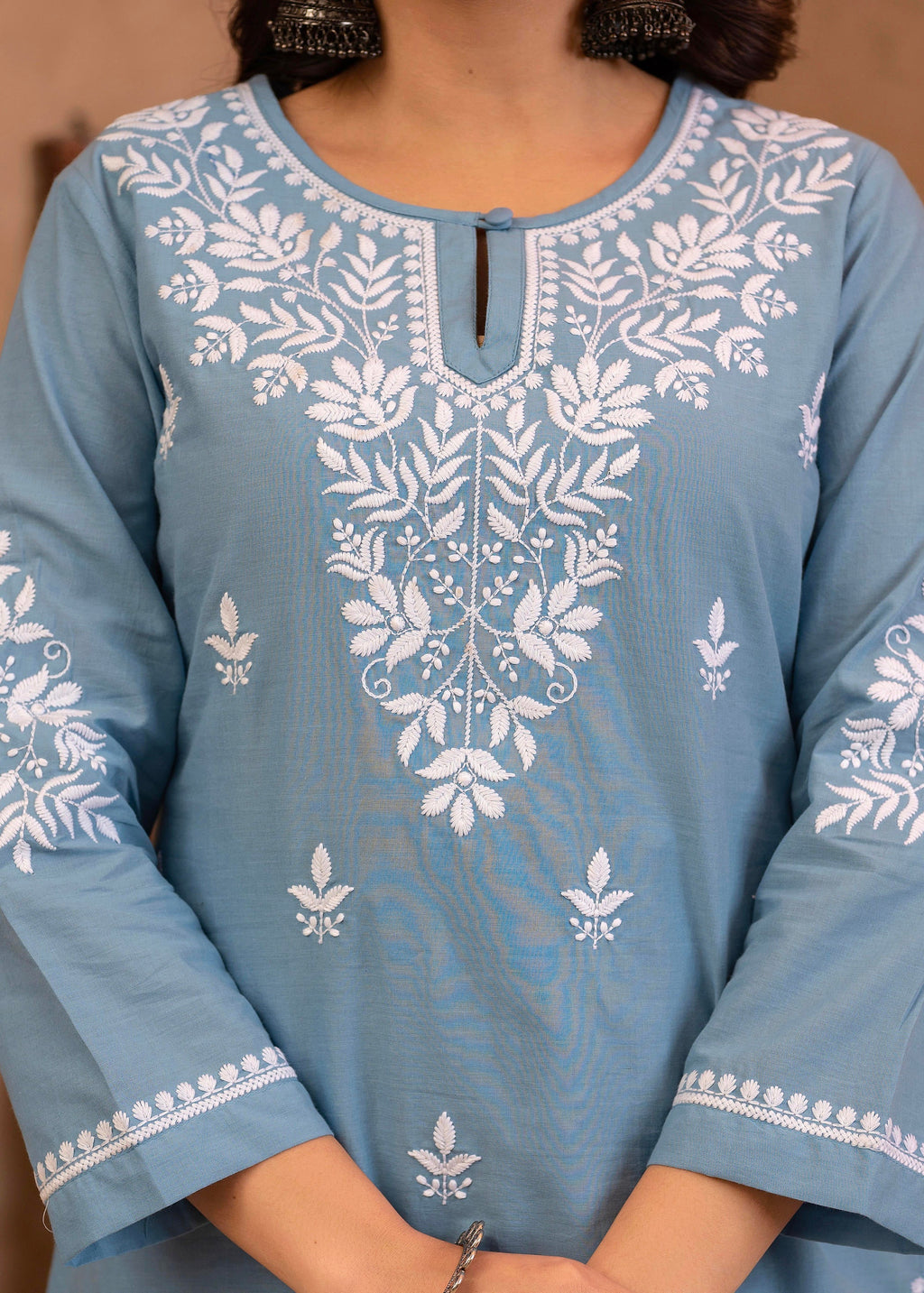 Juniper Blue Embroidered Cotton Slub Kurta with Pant & Button Details - Distacart