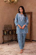 Juniper Blue Embroidered Cotton Slub Kurta With Pant & Button Details - Distacart