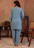 Juniper Blue Embroidered Cotton Slub Kurta with Pant & Button Details - Distacart