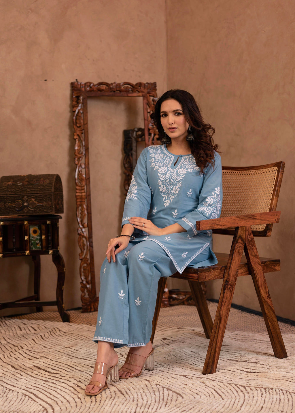 Juniper Blue Embroidered Cotton Slub Kurta with Pant & Button Details - Distacart