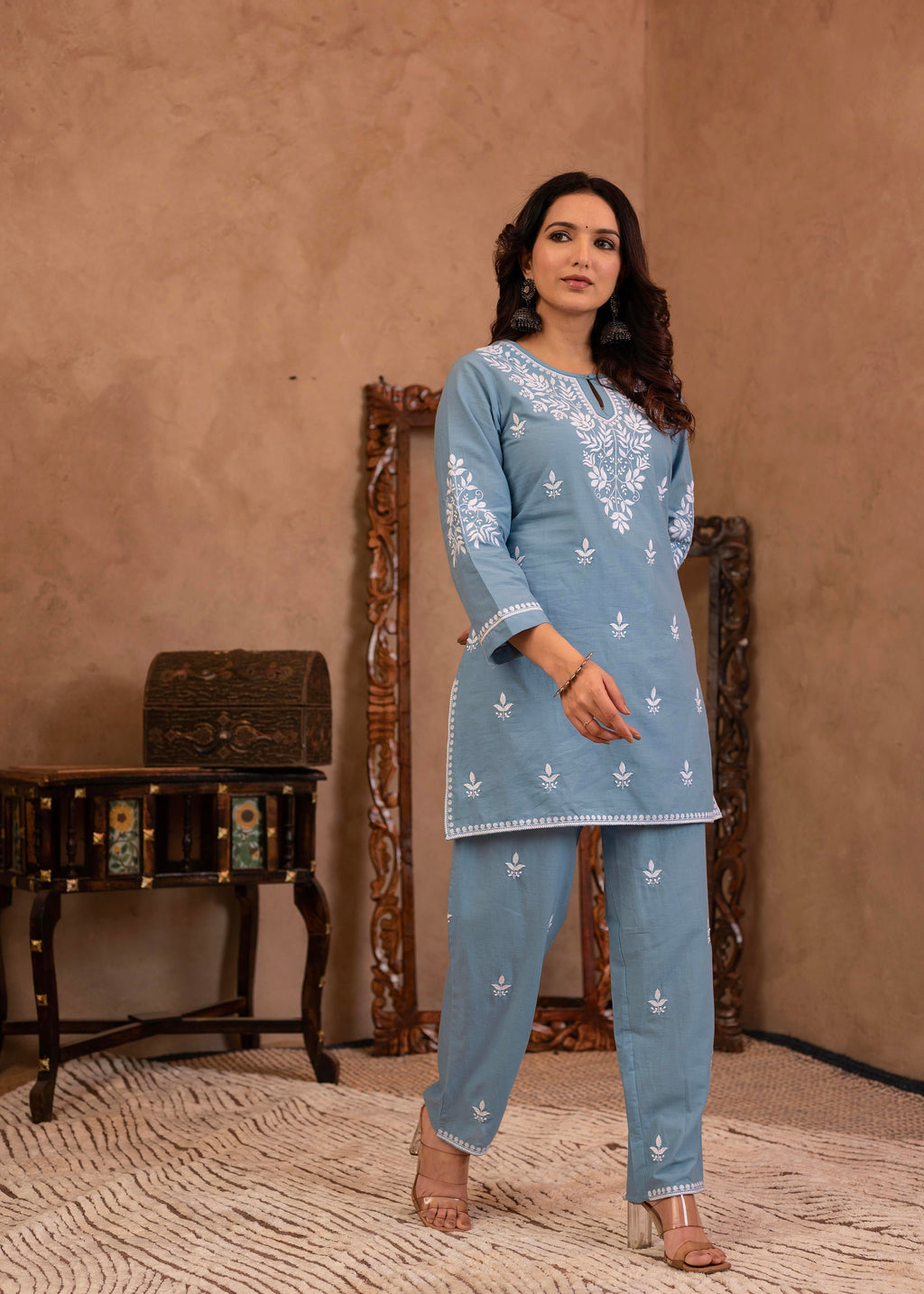 Juniper Blue Embroidered Cotton Slub Kurta with Pant & Button Details - Distacart