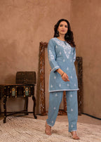 Juniper Blue Embroidered Cotton Slub Kurta with Pant & Button Details - Distacart
