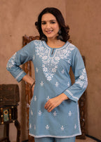 Juniper Blue Embroidered Cotton Slub Kurta with Pant & Button Details - Distacart