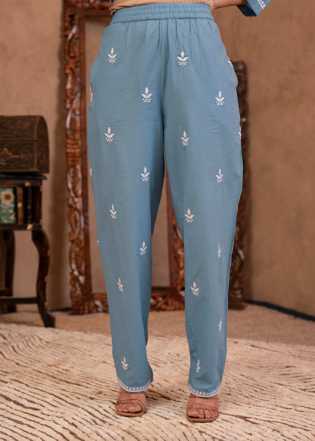 Juniper Blue Embroidered Cotton Slub Kurta with Pant & Button Details - Distacart
