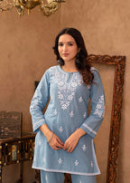Juniper Blue Embroidered Cotton Slub Kurta with Pant & Button Details - Distacart