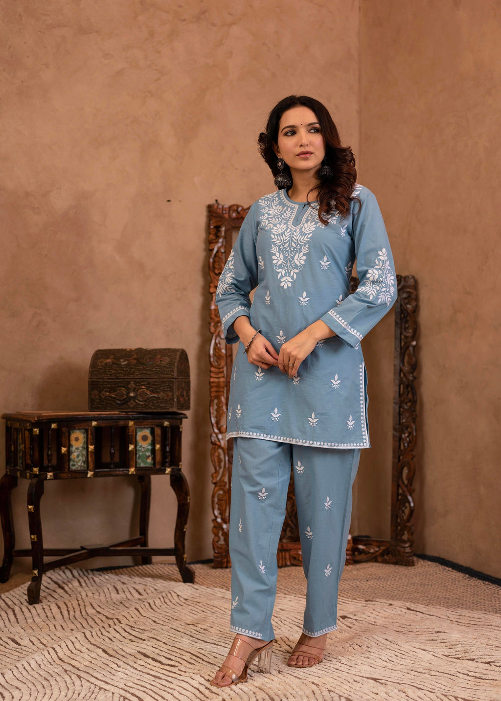 Juniper Blue Embroidered Cotton Slub Kurta with Pant & Button Details - Distacart