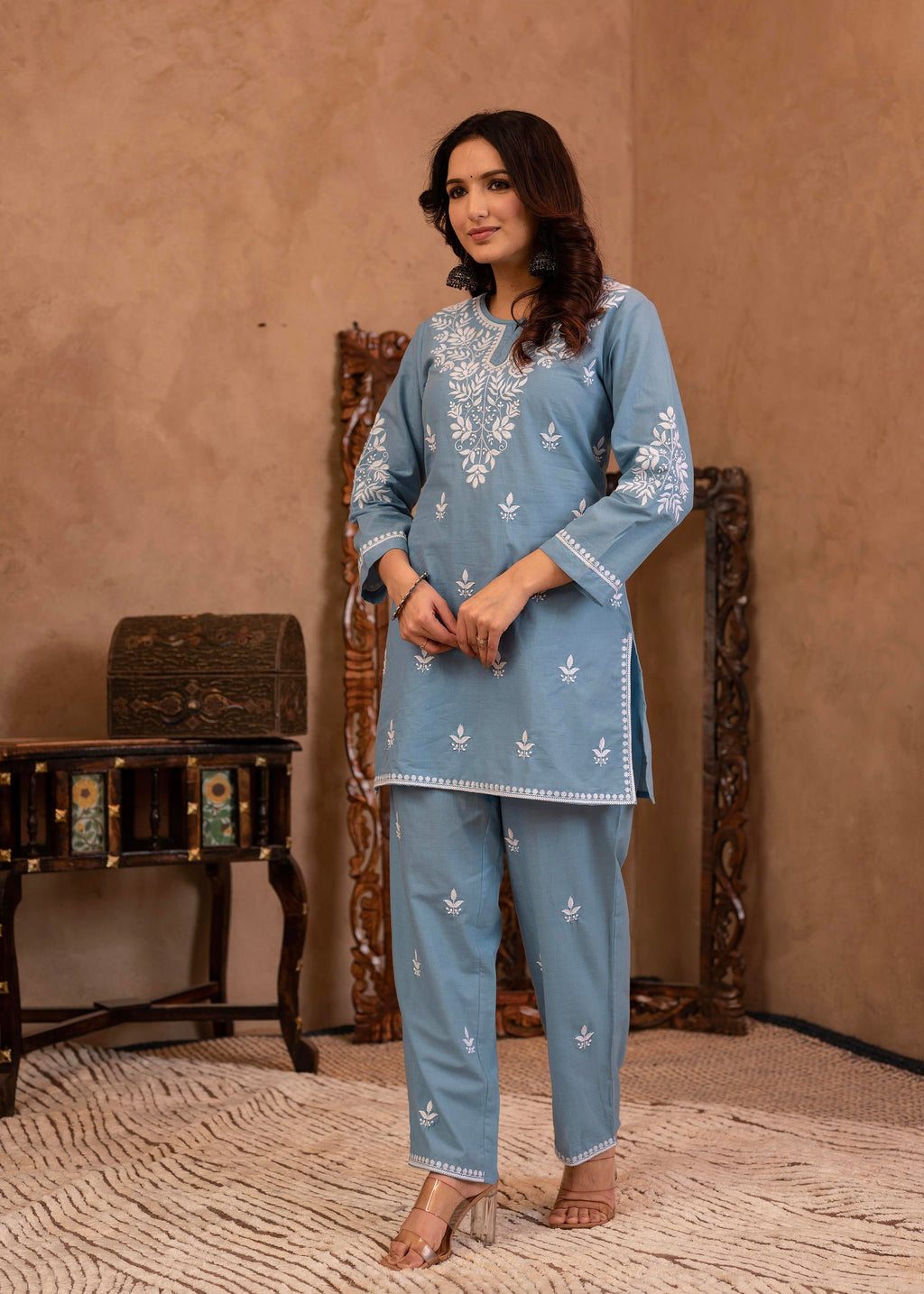 Juniper Blue Embroidered Cotton Slub Kurta with Pant & Button Details - Distacart