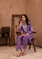 Juniper Purple Embroidered Cotton Kurta With Pant - Distacart