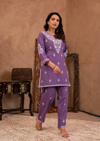 Juniper Purple Embroidered Cotton Kurta with Pant