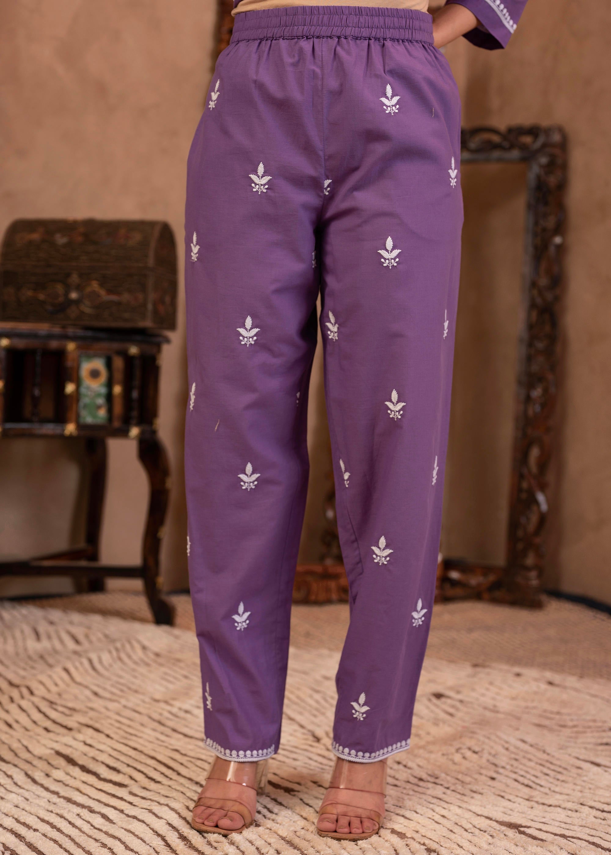 Juniper Purple Embroidered Cotton Kurta with Pant
