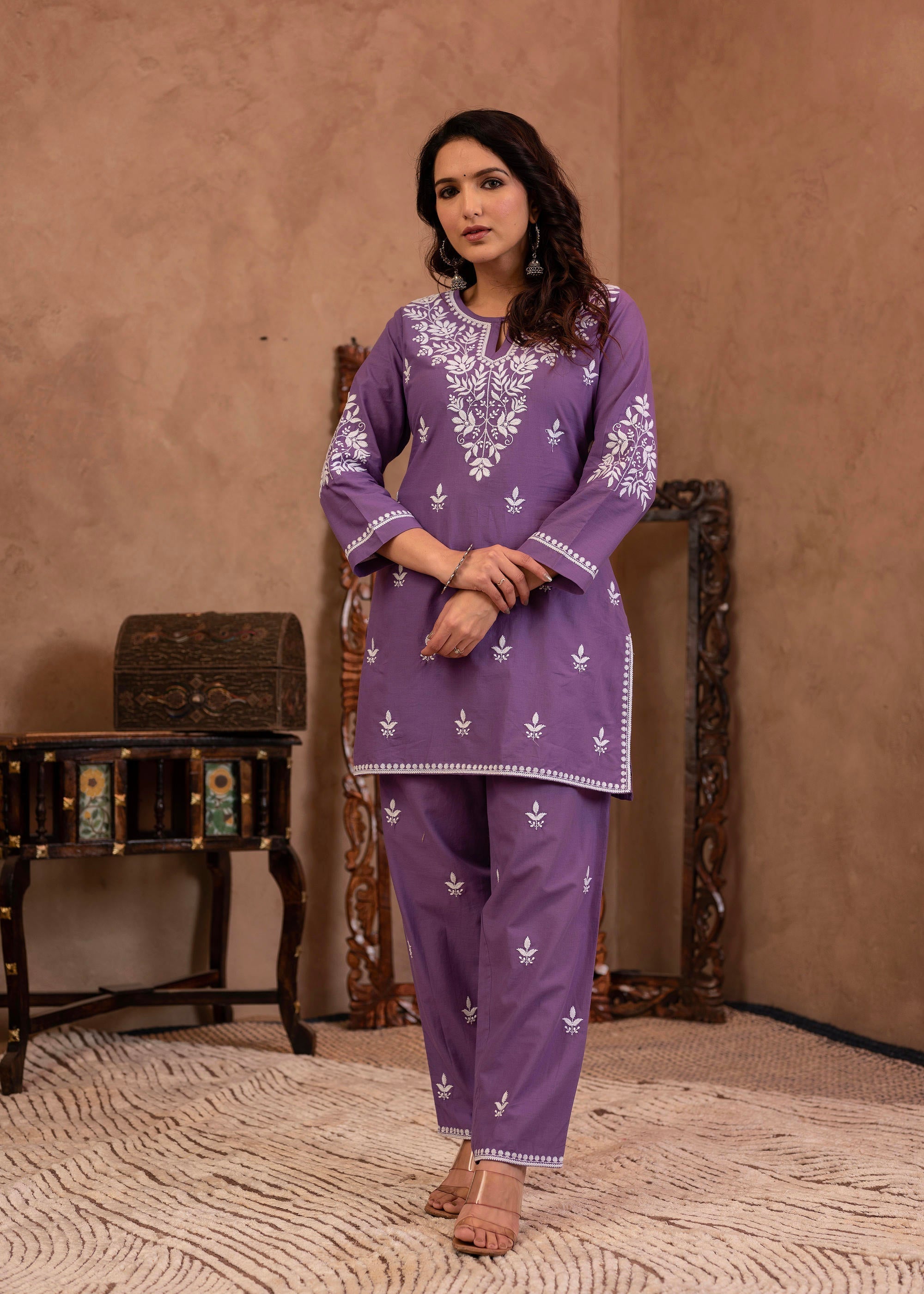 Juniper Purple Embroidered Cotton Kurta with Pant