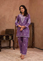 Juniper Purple Embroidered Cotton Kurta With Pant - Distacart