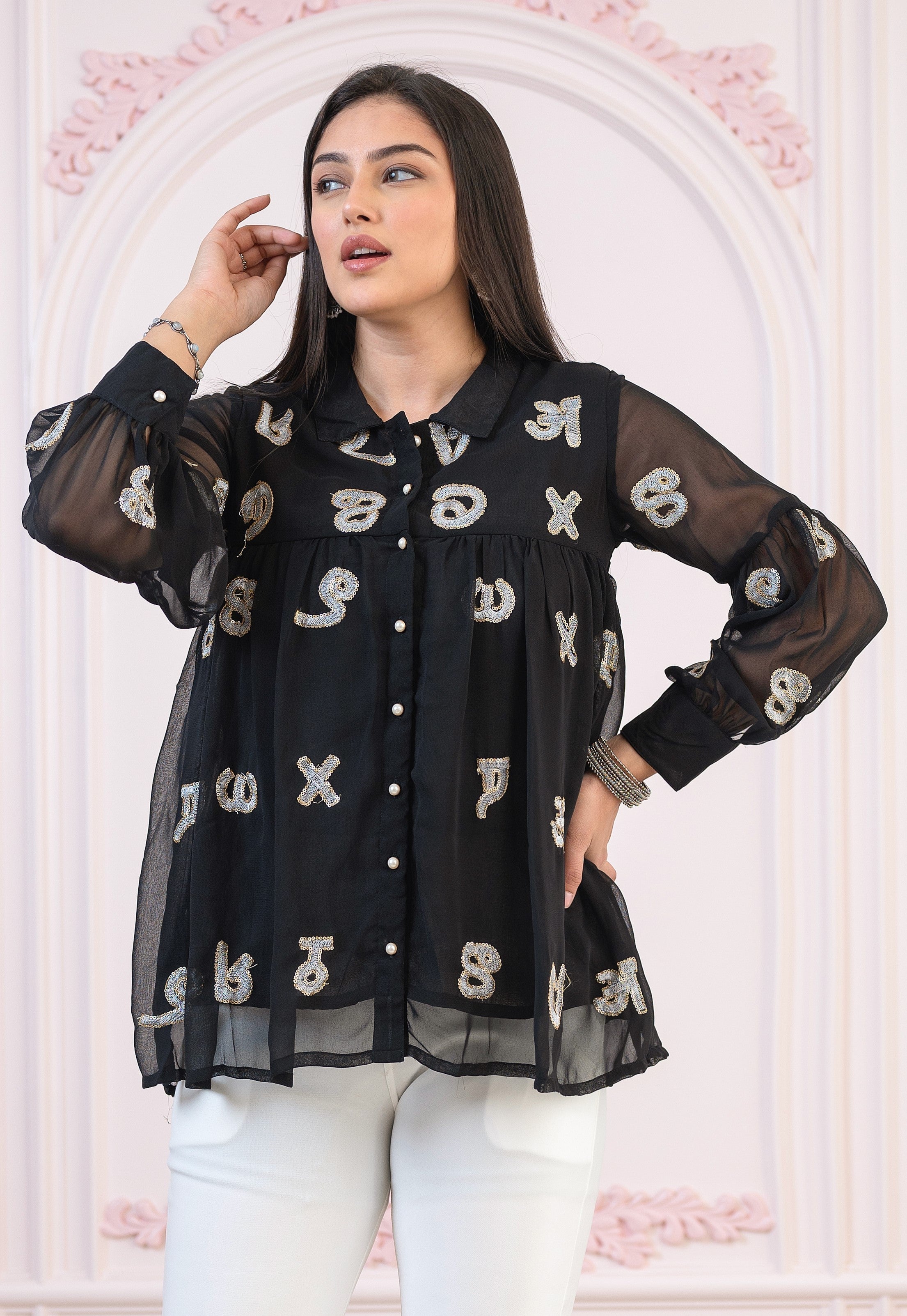 Juniper Black Embroidered And Sequin Tunic With Buttons - Distacart