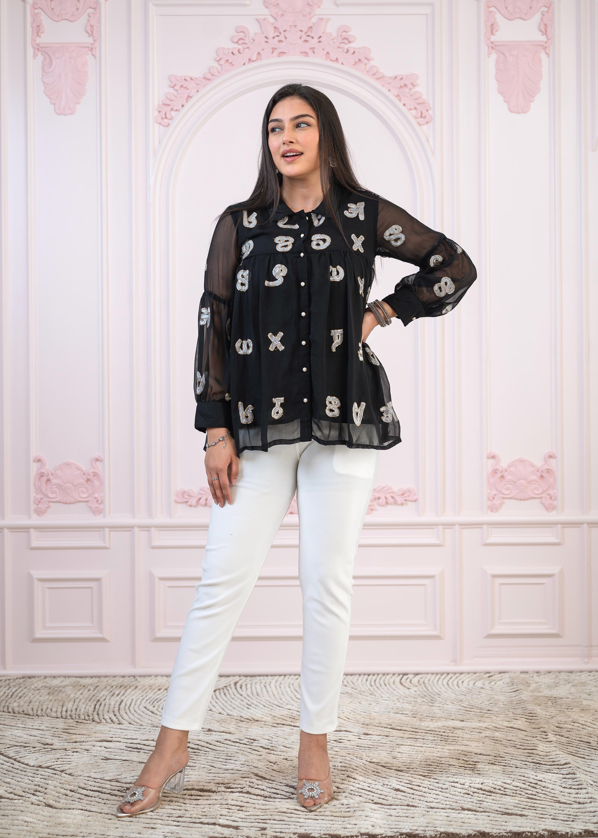 Juniper Black embroiderd and sequince tunic with buttons