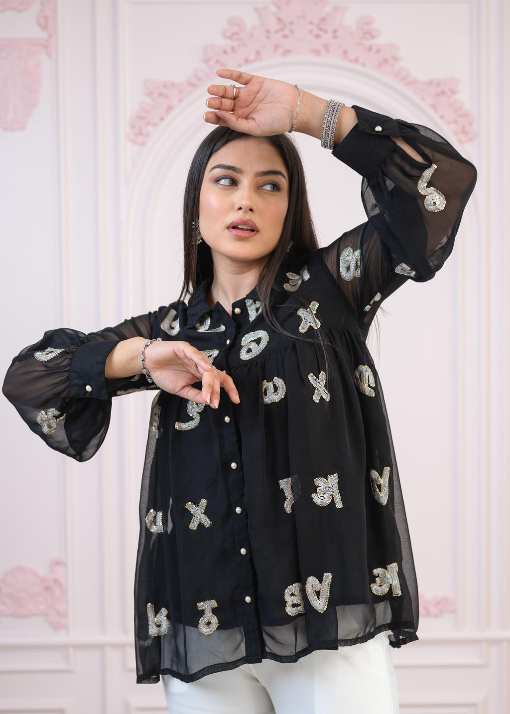 Juniper Black embroiderd and sequince tunic with buttons